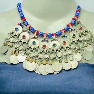Vintage Coins Choker Necklace, Massive Coins Choker Necklace With Beaded Chain,